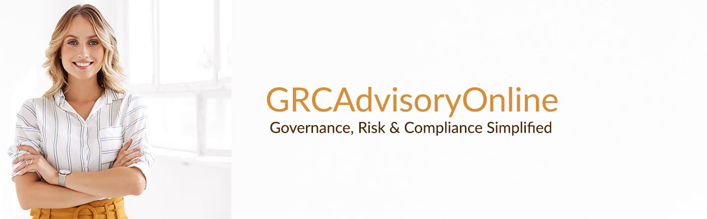 A professional standing beside the GRC Advisory Online wordmark